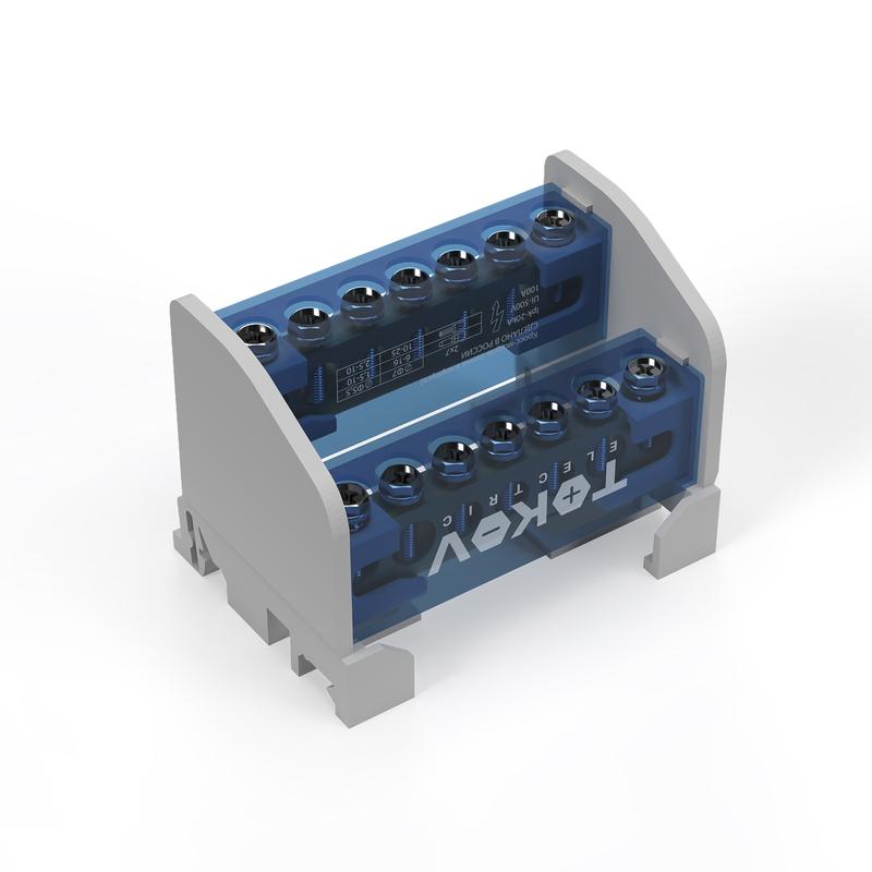 Шина на DIN-рейку в корпусе (кросс-модуль) 2 группы по 7 отверстий 100А TOKOV ELECTRIC TKE-DBTB-100-2-7/L+PEN